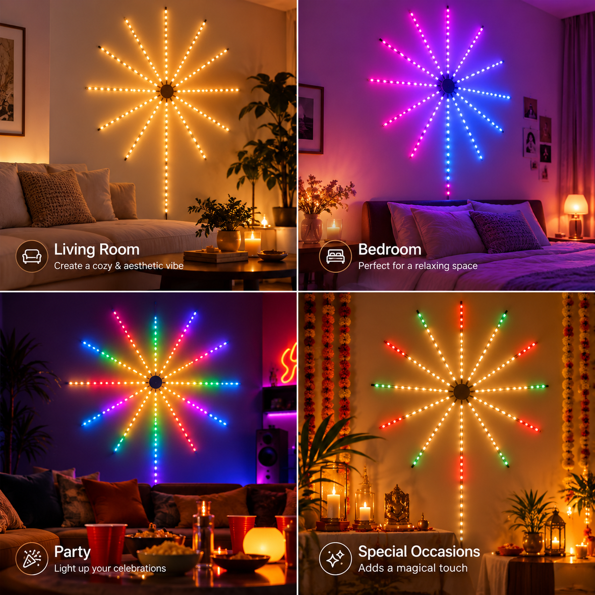 Multicolor Starburst firework  Wall Light with Remote | Decorative RGB Wall Light for Home & Room Decor