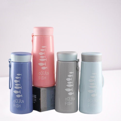 Ocean Fish Print Glass Water Bottle – Cute Portable Drinking Bottle with Strap for School, Office & Travel