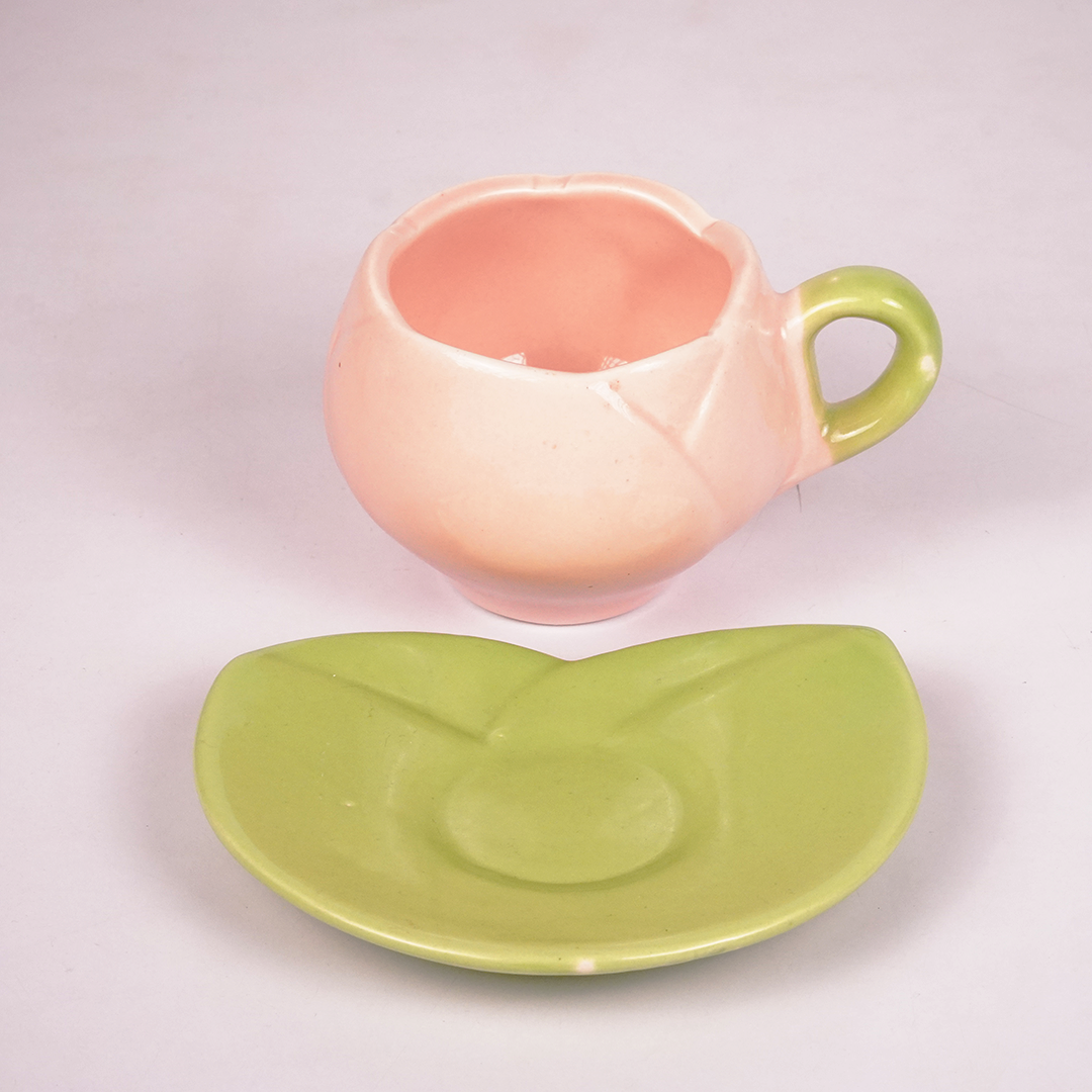 Pastel Pink & Green Ceramic Tea Cup with Saucer – Cute Aesthetic Coffee Mug Set for Home & Office