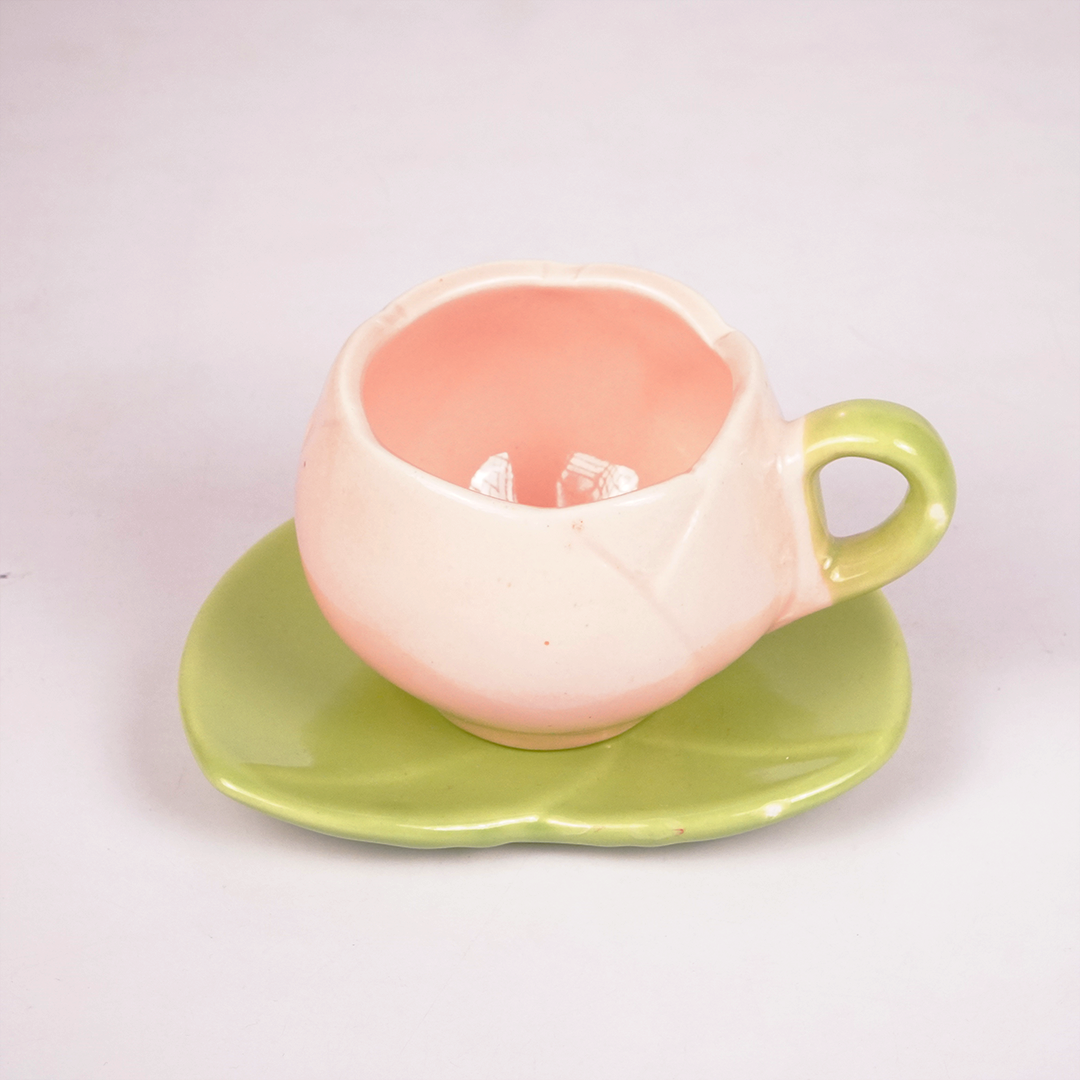 Pastel Pink & Green Ceramic Tea Cup with Saucer – Cute Aesthetic Coffee Mug Set for Home & Office