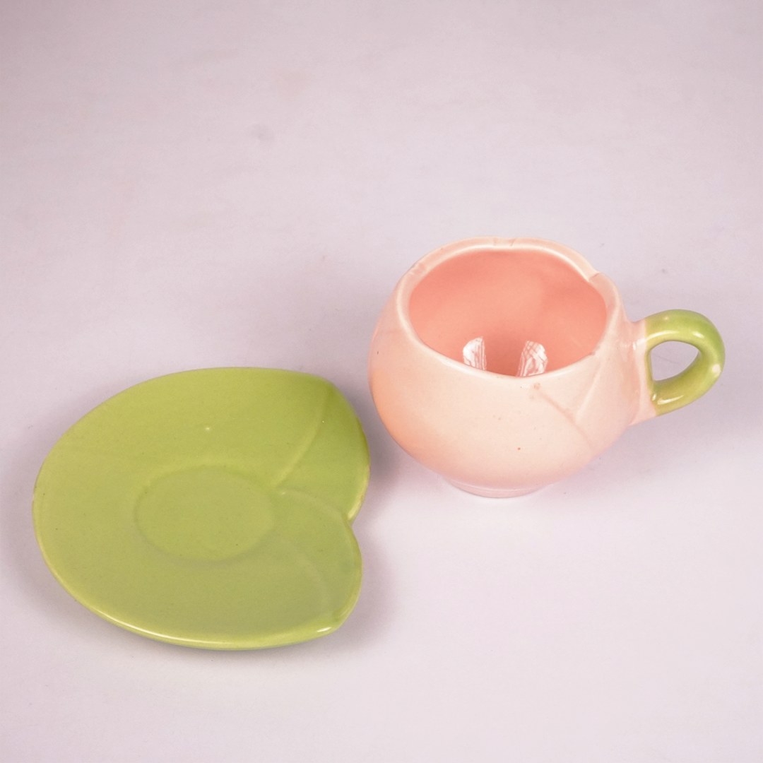 Pastel Pink & Green Ceramic Tea Cup with Saucer – Cute Aesthetic Coffee Mug Set for Home & Office