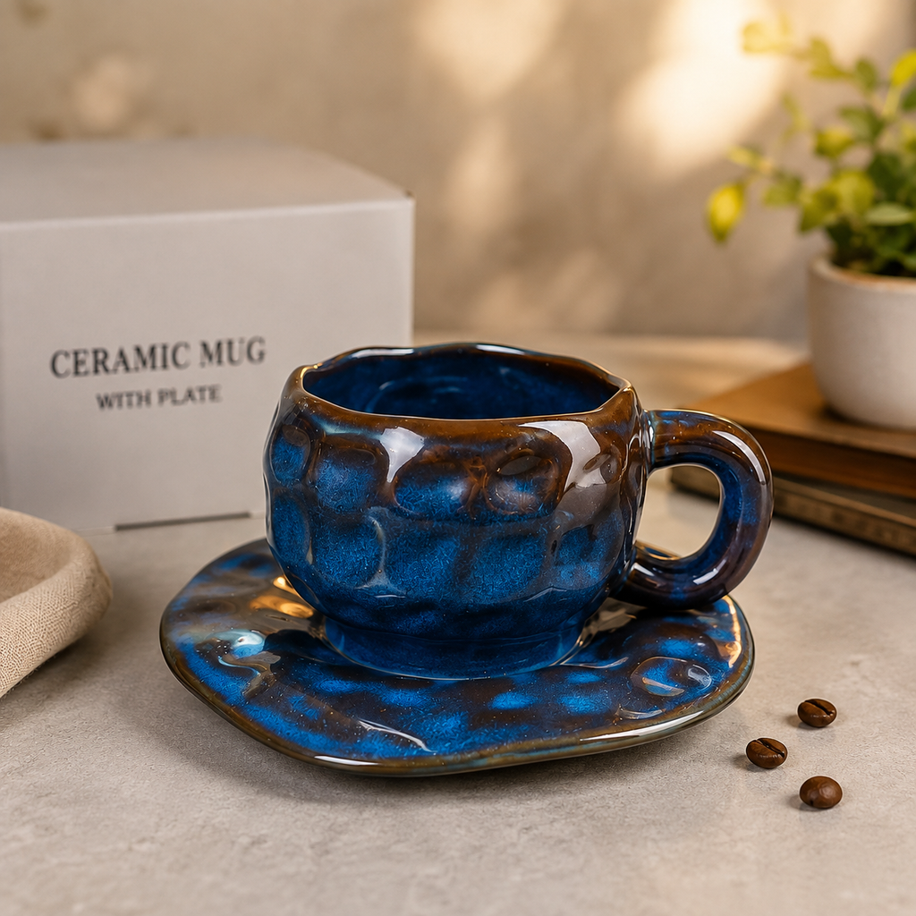 Midnight Blue Ceramic Coffee Cup & Saucer Set