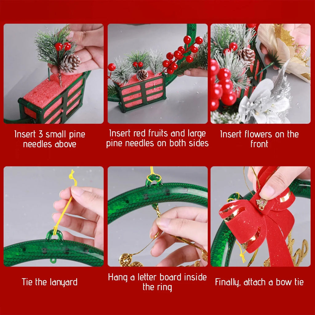 LED Christmas Wreath with Flowers & Red Bow – 30cm