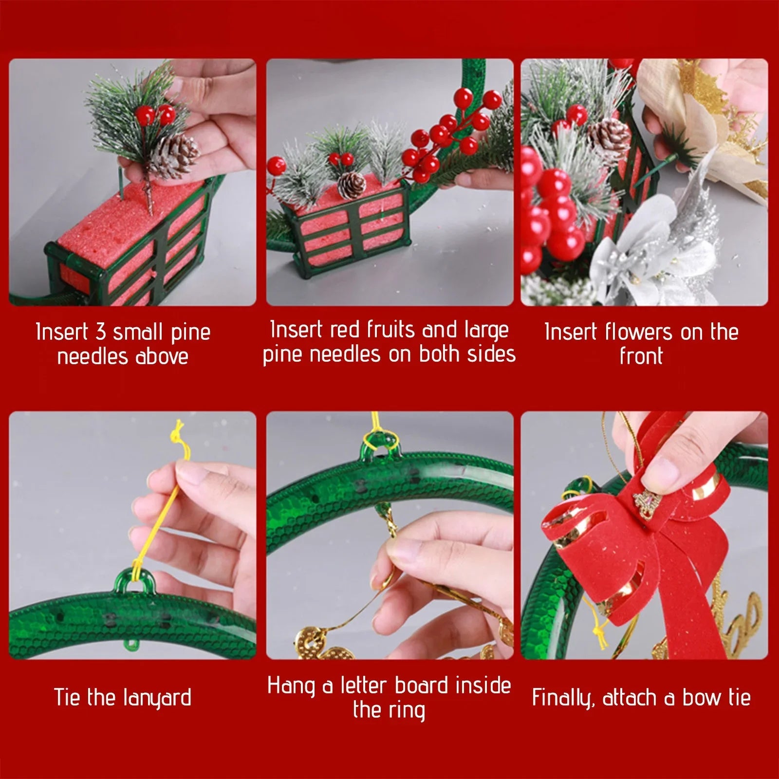 LED Christmas Wreath with Flowers & Red Bow – 30cm
