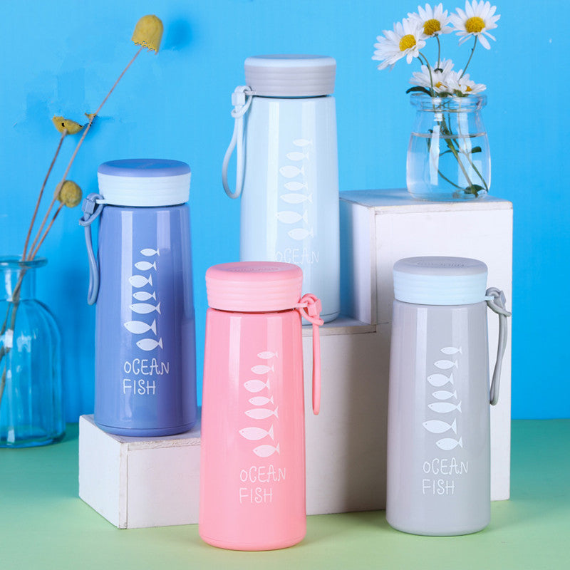 Ocean Fish Print Glass Water Bottle – Cute Portable Drinking Bottle with Strap for School, Office & Travel