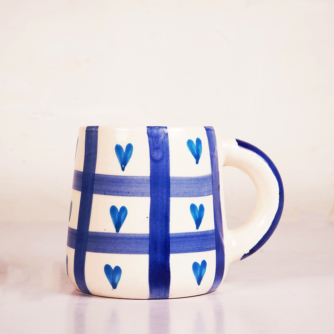 White & Blue Ceramic Mug with Heart Grid Design – Cute Aesthetic Coffee Cup for Tea & Coffee