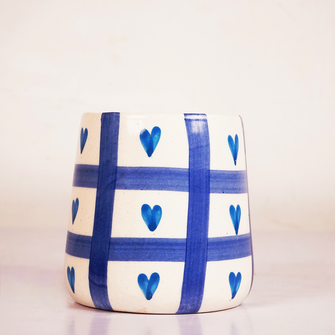 White & Blue Ceramic Mug with Heart Grid Design – Cute Aesthetic Coffee Cup for Tea & Coffee