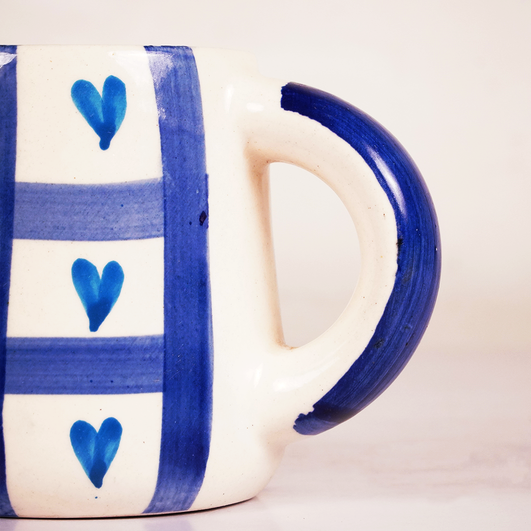 White & Blue Ceramic Mug with Heart Grid Design – Cute Aesthetic Coffee Cup for Tea & Coffee