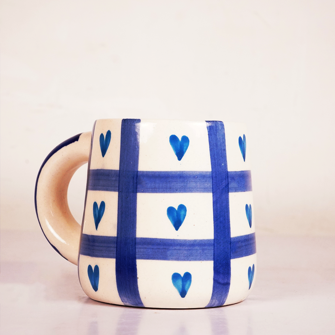 White & Blue Ceramic Mug with Heart Grid Design – Cute Aesthetic Coffee Cup for Tea & Coffee