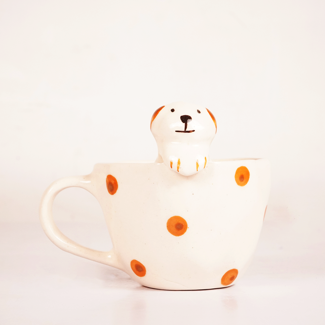 Cute Puppy Ceramic Mug with Orange Polka Dots – Adorable Animal Coffee Cup for Tea & Beverages