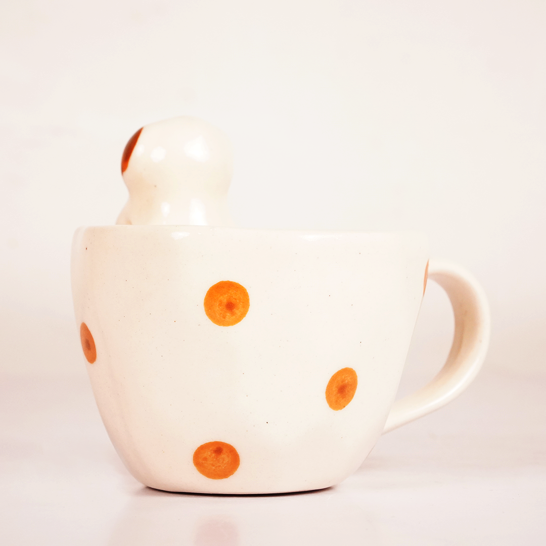 Cute Puppy Ceramic Mug with Orange Polka Dots – Adorable Animal Coffee Cup for Tea & Beverages