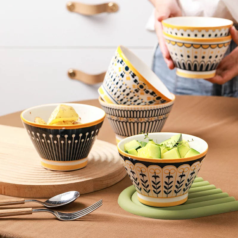 Golden Rim Harmony Bowls – Set of 6 | Elegant Ceramic Serving Bowls
