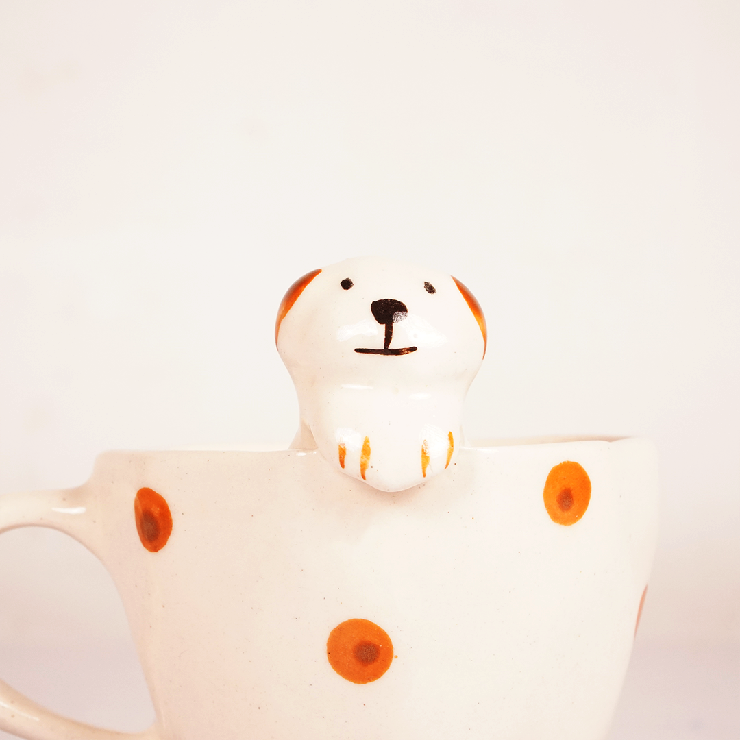 Cute Puppy Ceramic Mug with Orange Polka Dots – Adorable Animal Coffee Cup for Tea & Beverages