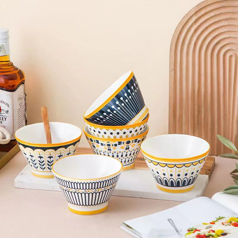 Golden Rim Harmony Bowls – Set of 6 | Elegant Ceramic Serving Bowls