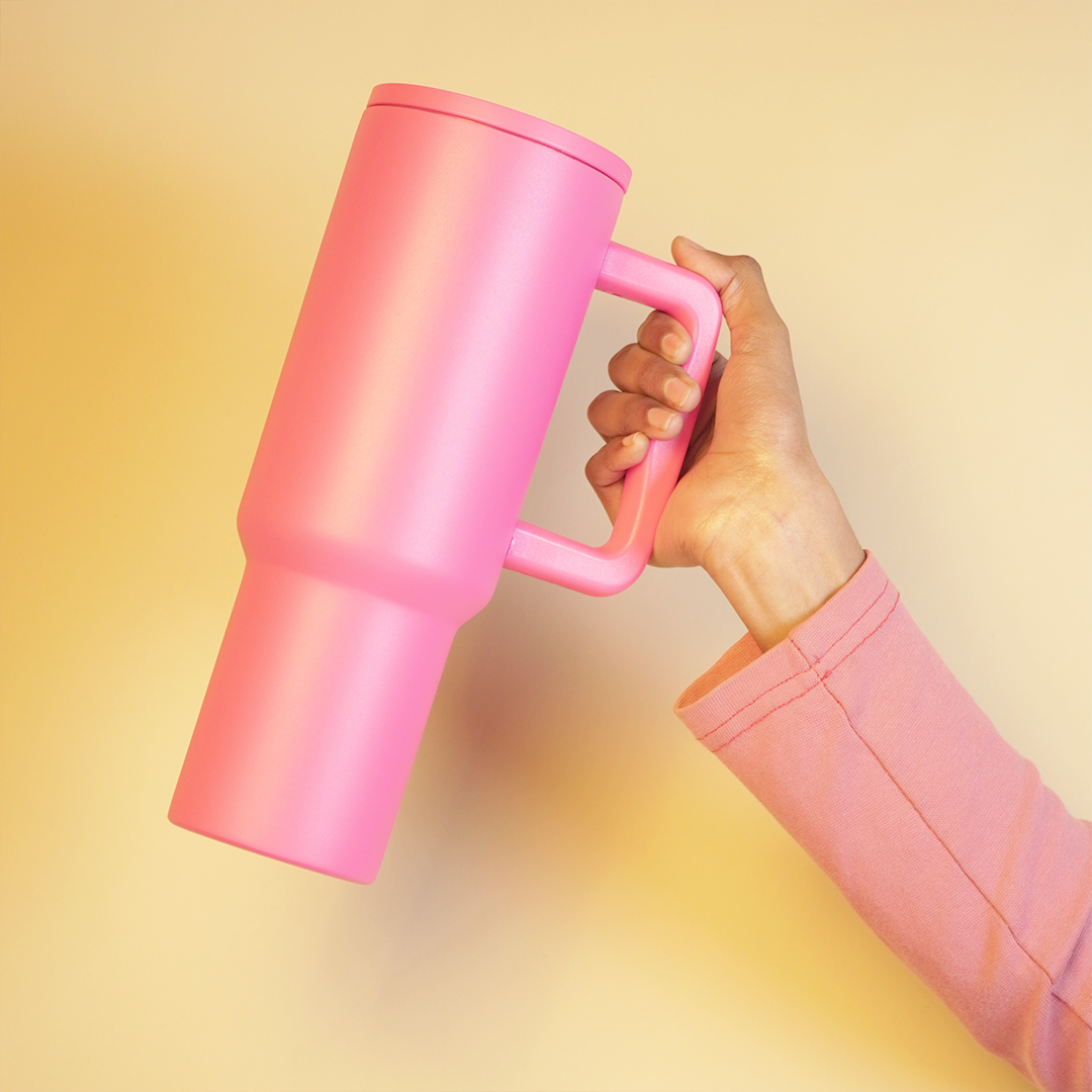 1.2L Large Capacity Insulated Travel Tumbler with Handle – Pink Reusable Stainless Steel Mug (26cm x 10cm)