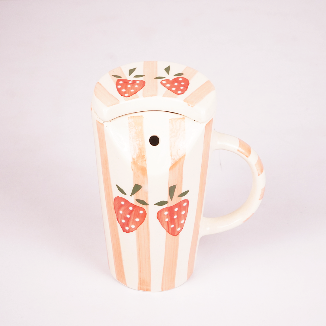 White Ceramic Strawberry Mug with Spoon – Hand-Painted Fruit Print Coffee & Tea Cup Set