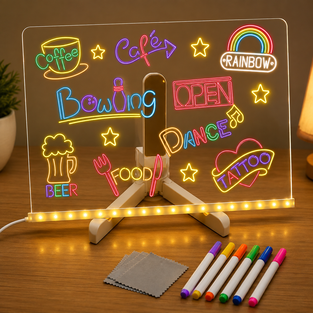 LED Acrylic Message Board – Reusable Neon Writing & Drawing Board with Color Markers