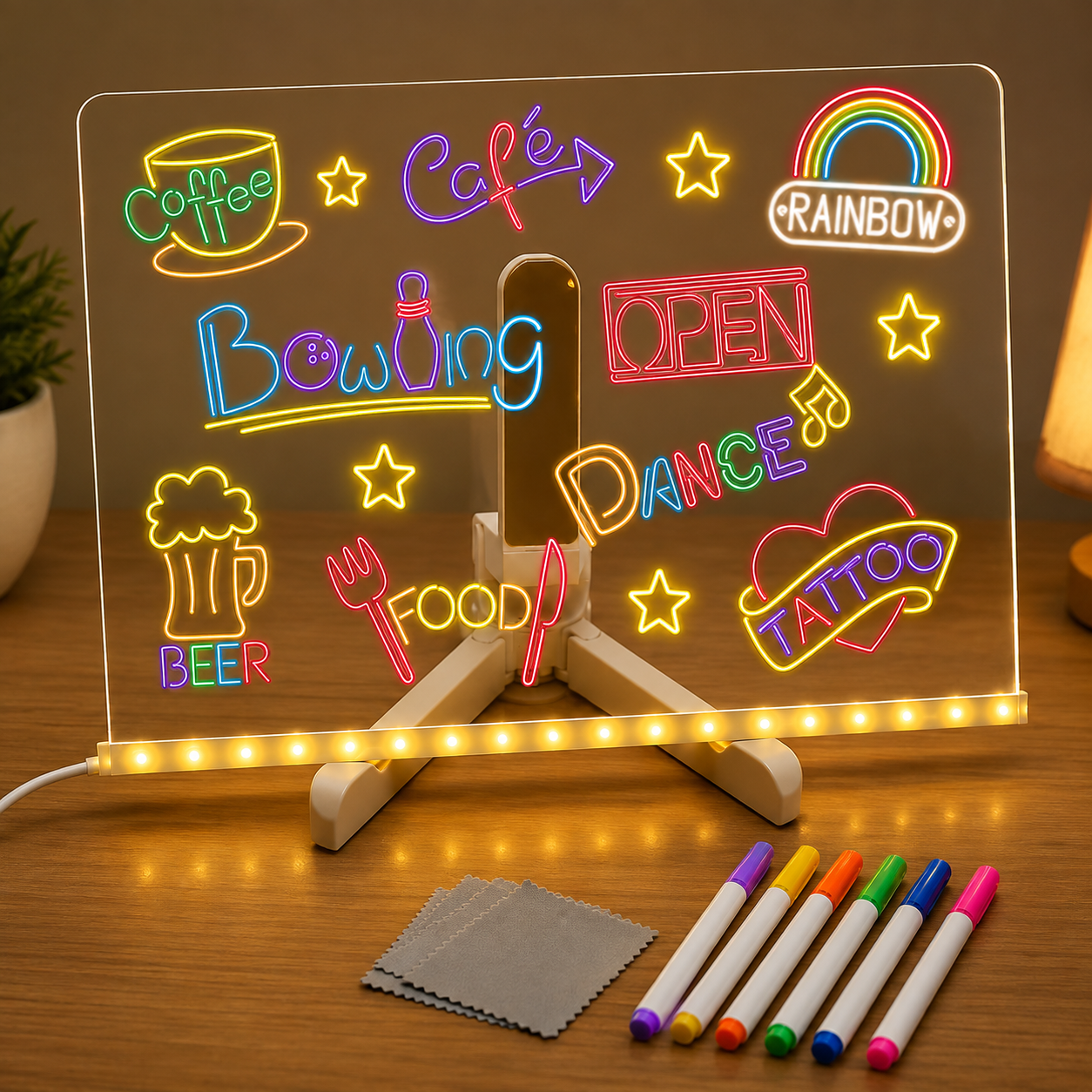 LED Acrylic Message Board – Reusable Neon Writing & Drawing Board with Color Markers