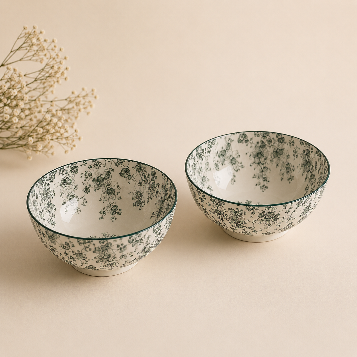 Boutique Ceramic Soup Bowl Set – Elegant Green Floral Bowls for Everyday Dining