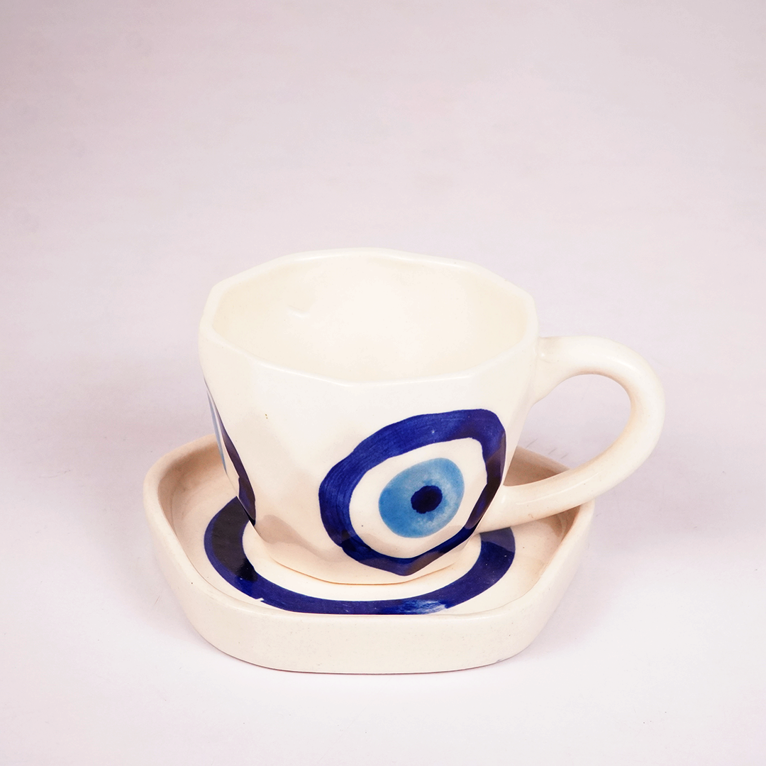 White Ceramic Cup & Saucer with Blue Evil Eye Design – Aesthetic Tea & Coffee Mug Set