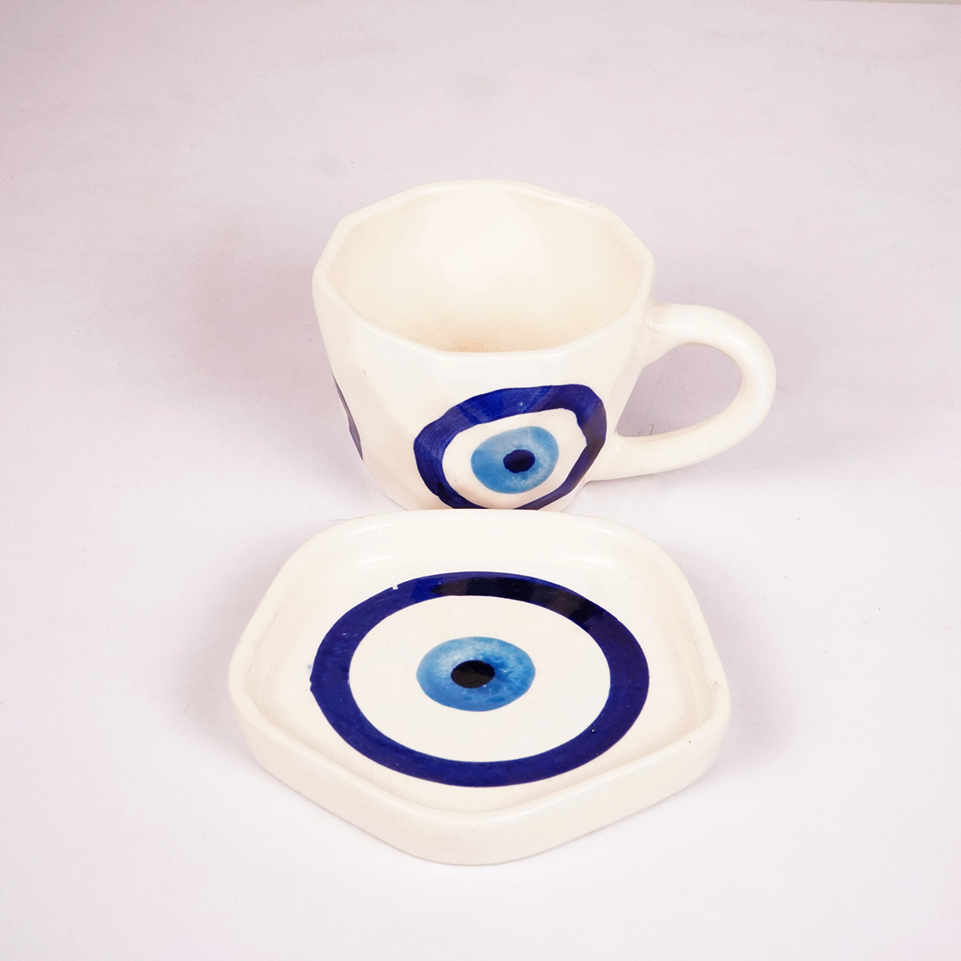 White Ceramic Cup & Saucer with Blue Evil Eye Design – Aesthetic Tea & Coffee Mug Set
