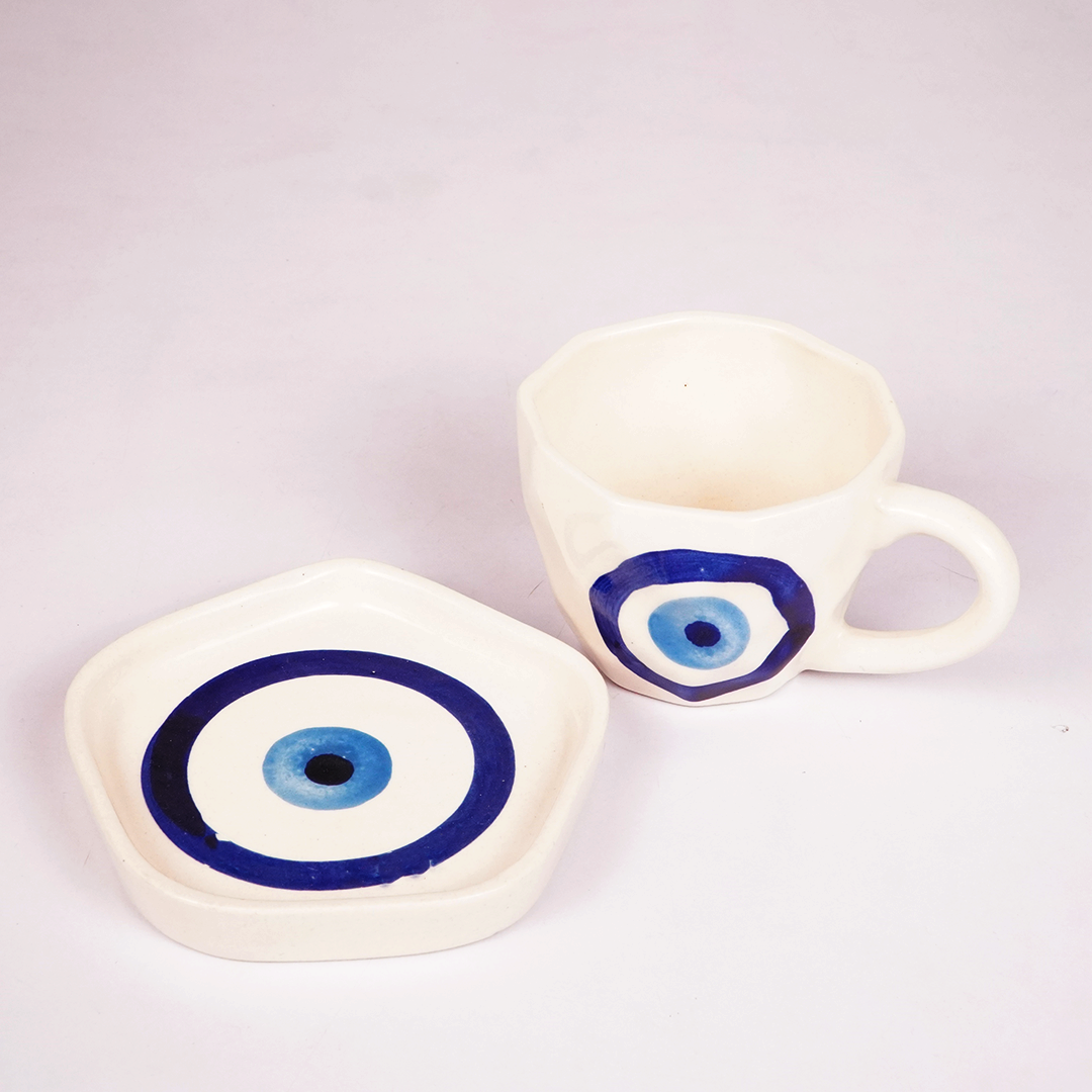 White Ceramic Cup & Saucer with Blue Evil Eye Design – Aesthetic Tea & Coffee Mug Set