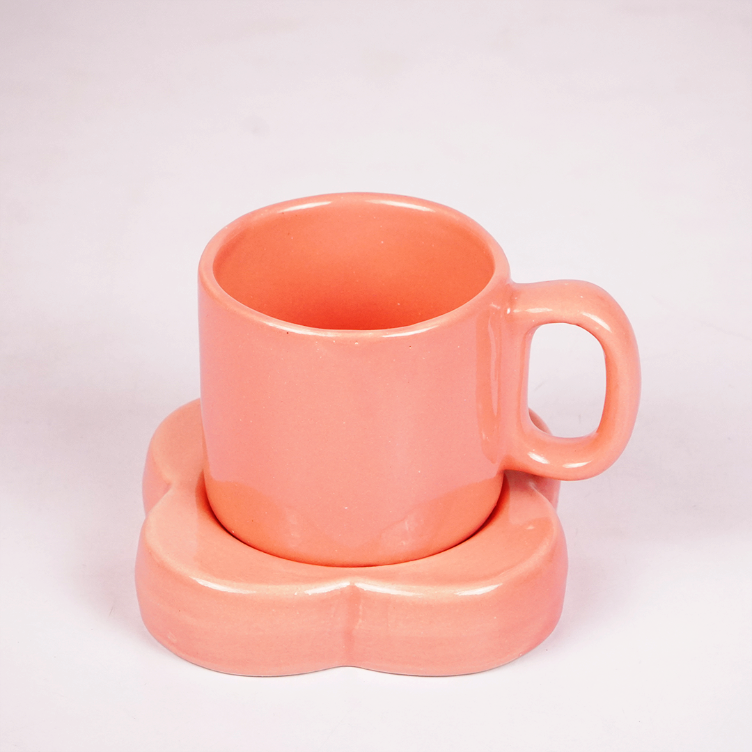 Peach Pink Ceramic Mug with Saucer – Minimalist Glossy Coffee & Tea Cup Set