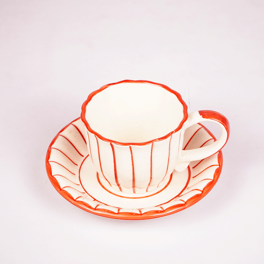 White Ceramic Tea Cup & Saucer Set – Red Hand-Painted Ribbed Coffee Cup
