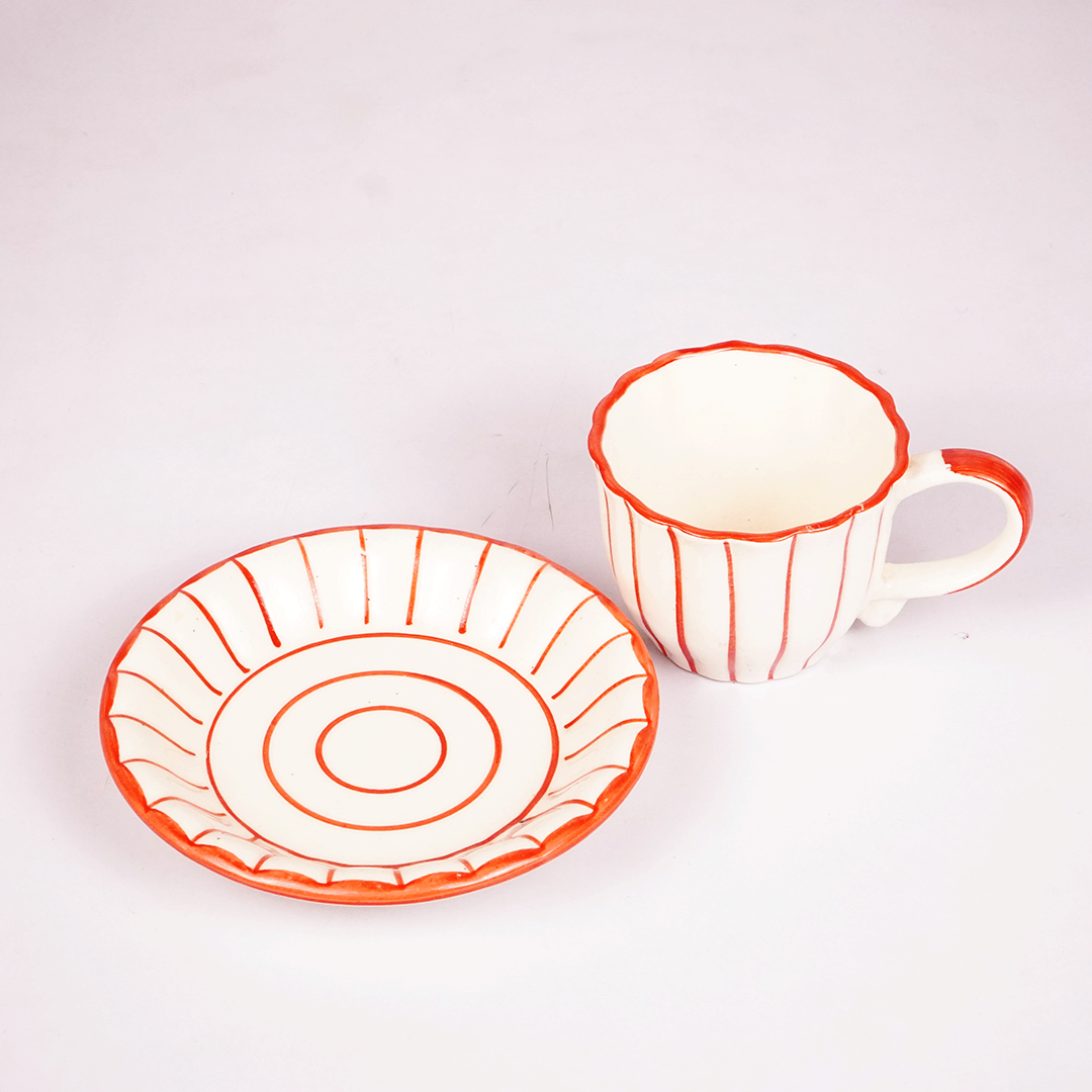 White Ceramic Tea Cup & Saucer Set – Red Hand-Painted Ribbed Coffee Cup