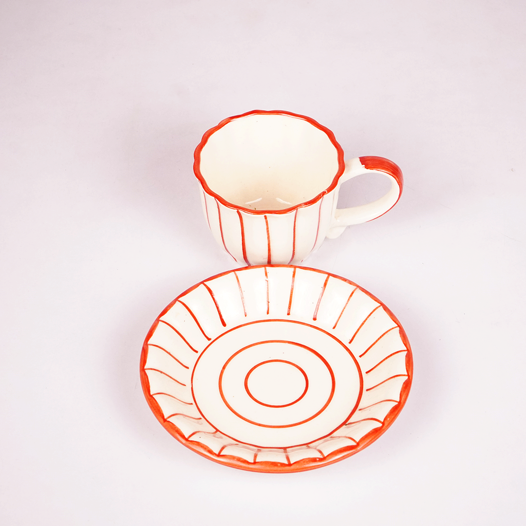 White Ceramic Tea Cup & Saucer Set – Red Hand-Painted Ribbed Coffee Cup