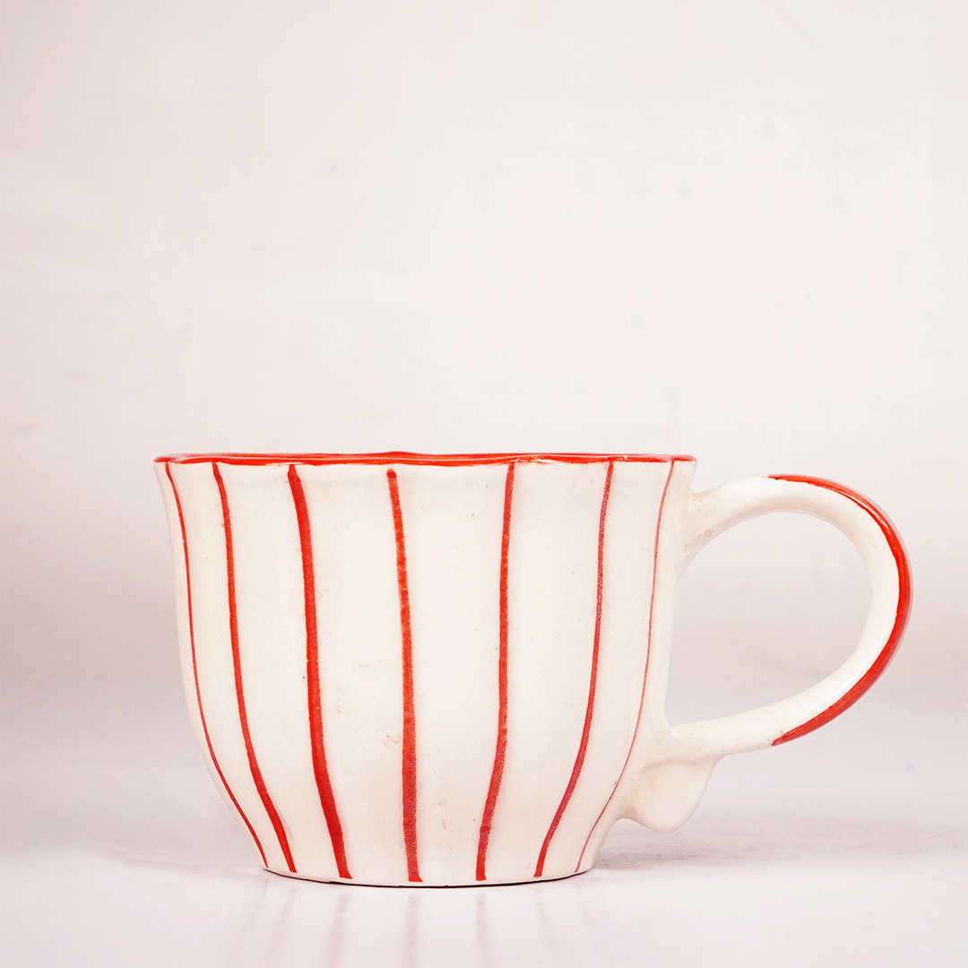 White Ceramic Tea Cup & Saucer Set – Red Hand-Painted Ribbed Coffee Cup