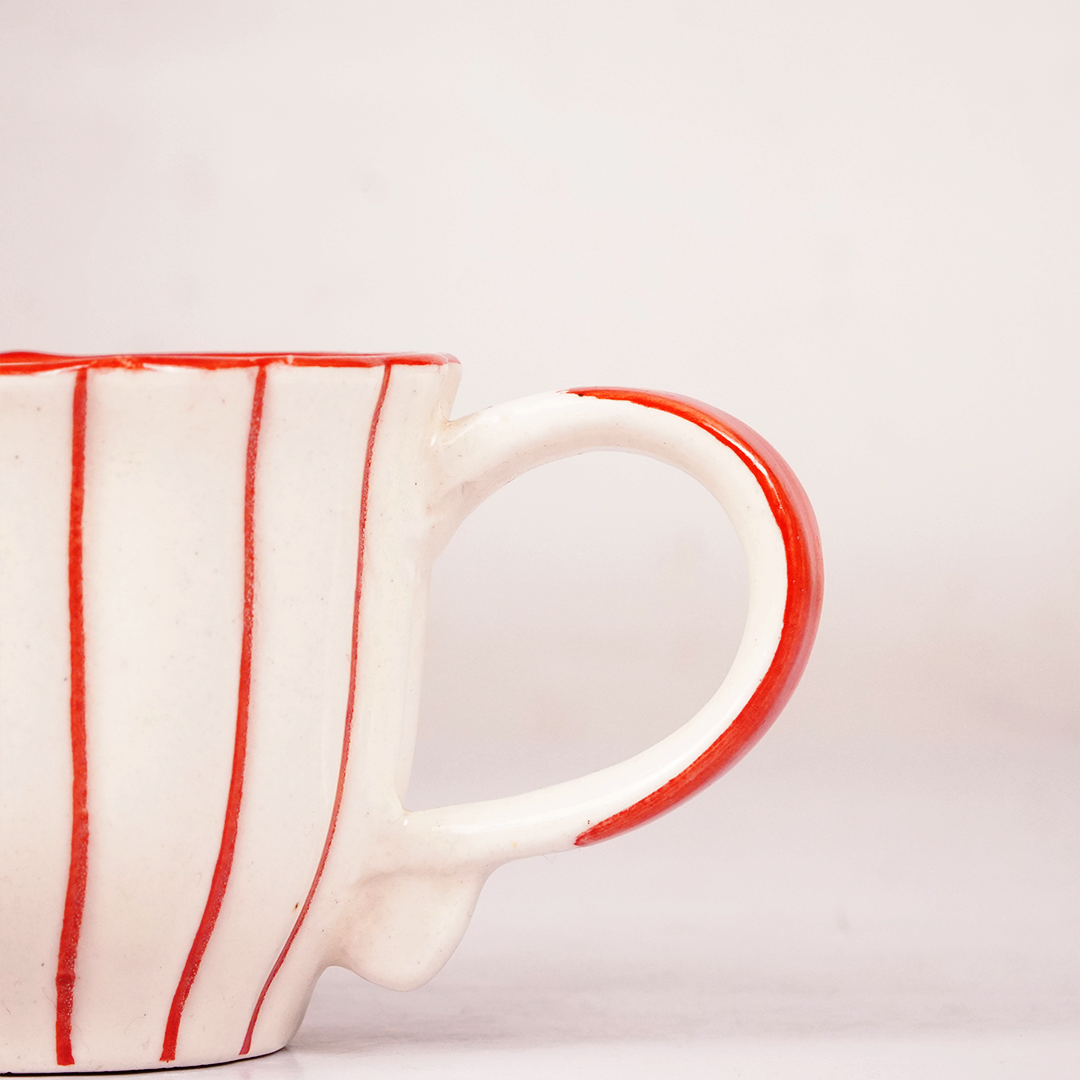 White Ceramic Tea Cup & Saucer Set – Red Hand-Painted Ribbed Coffee Cup