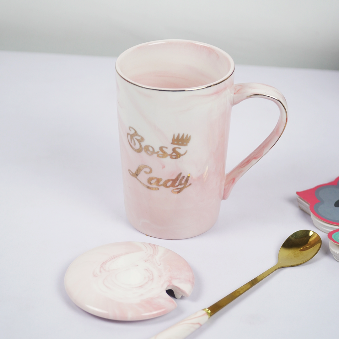 Boss Lady Ceramic Coffee Mug with Lid & Spoon | Pink Marble Design | Stylish Tea & Coffee Mug for Office & Home | Gift for Women