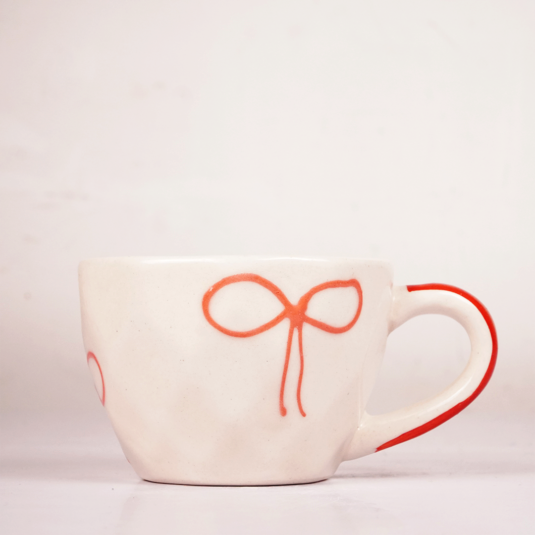 Cream Ceramic Cup & Saucer with Red Bow Design – Cute Aesthetic Tea & Coffee Mug Set
