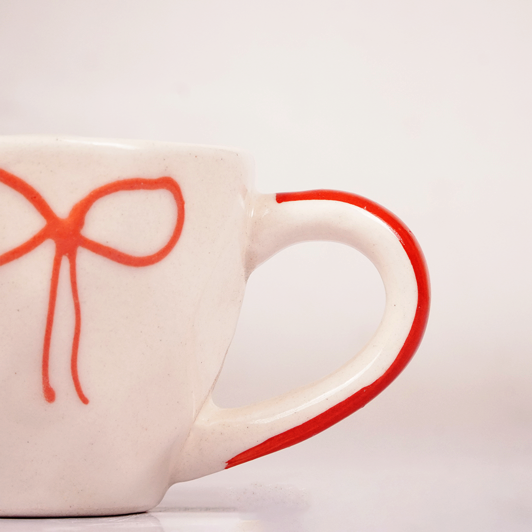 Cream Ceramic Cup & Saucer with Red Bow Design – Cute Aesthetic Tea & Coffee Mug Set