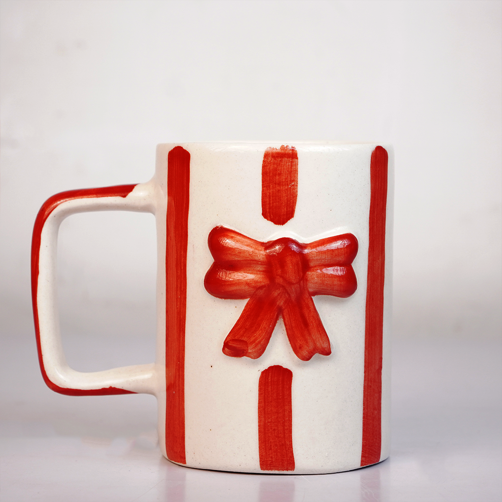 Ceramic Coffee Mug with Red Bow Design,