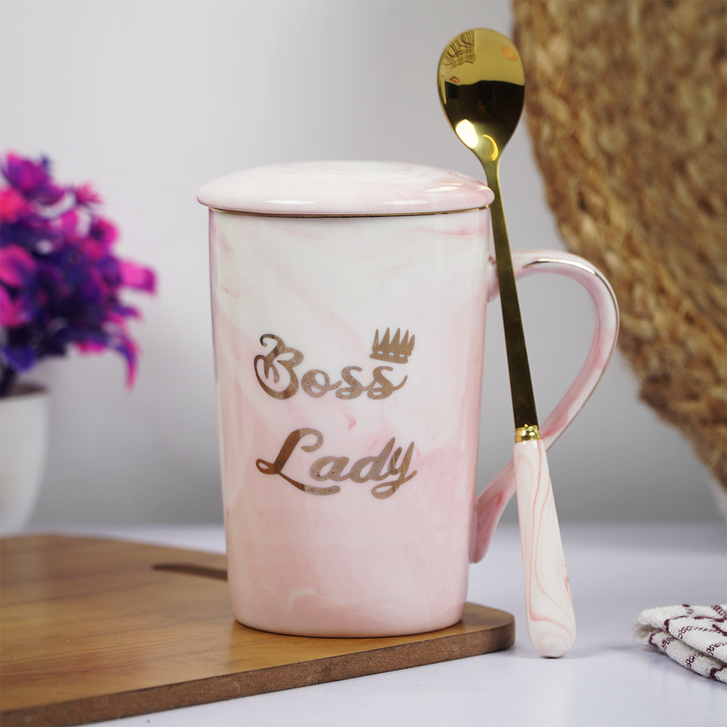 Boss Lady Ceramic Coffee Mug with Lid & Spoon | Pink Marble Design | Stylish Tea & Coffee Mug for Office & Home | Gift for Women