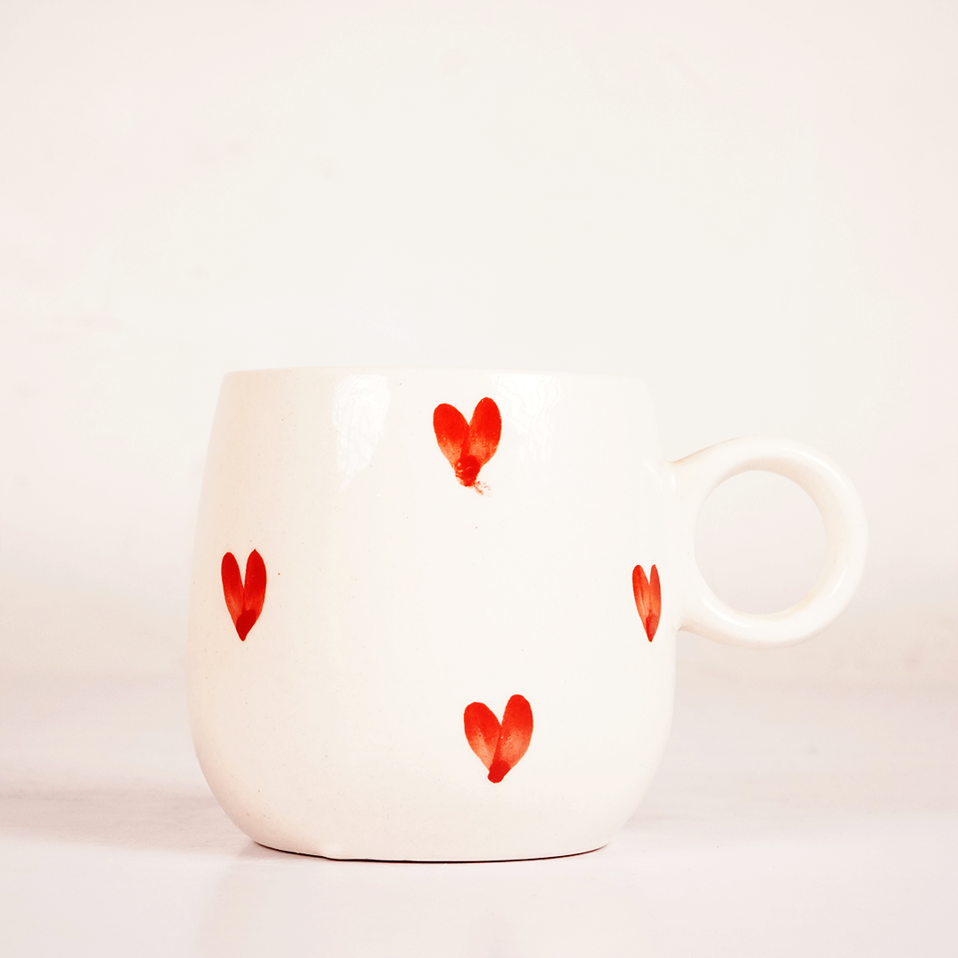 White Ceramic Heart Print Mug – Cute Red Heart Coffee & Tea Cup
