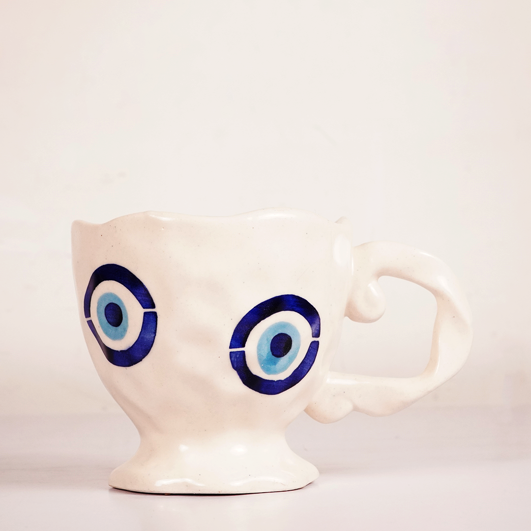 White Ceramic Eye Mug – Cute Blue Evil Eye Inspired Coffee & Tea Cup