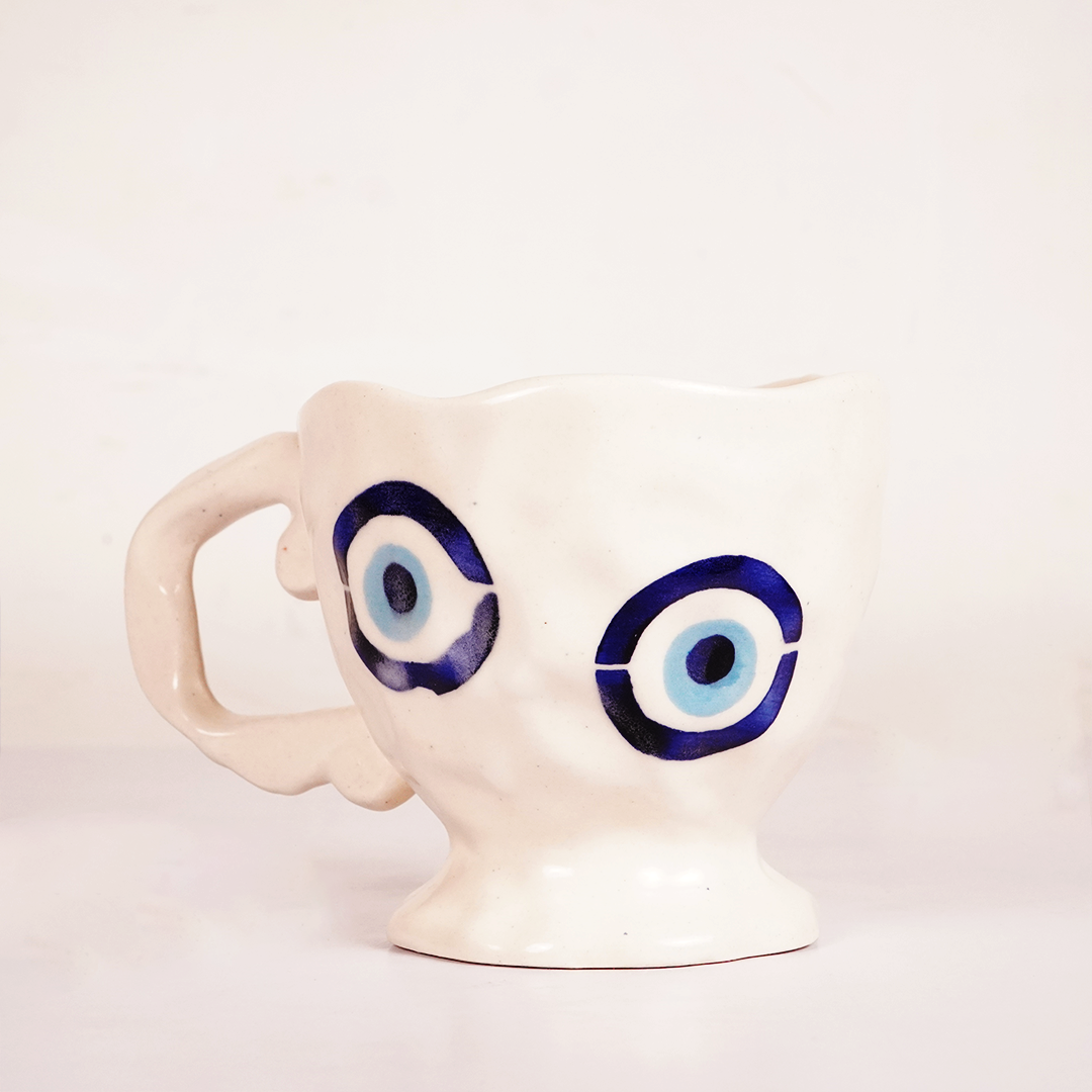 White Ceramic Eye Mug – Cute Blue Evil Eye Inspired Coffee & Tea Cup