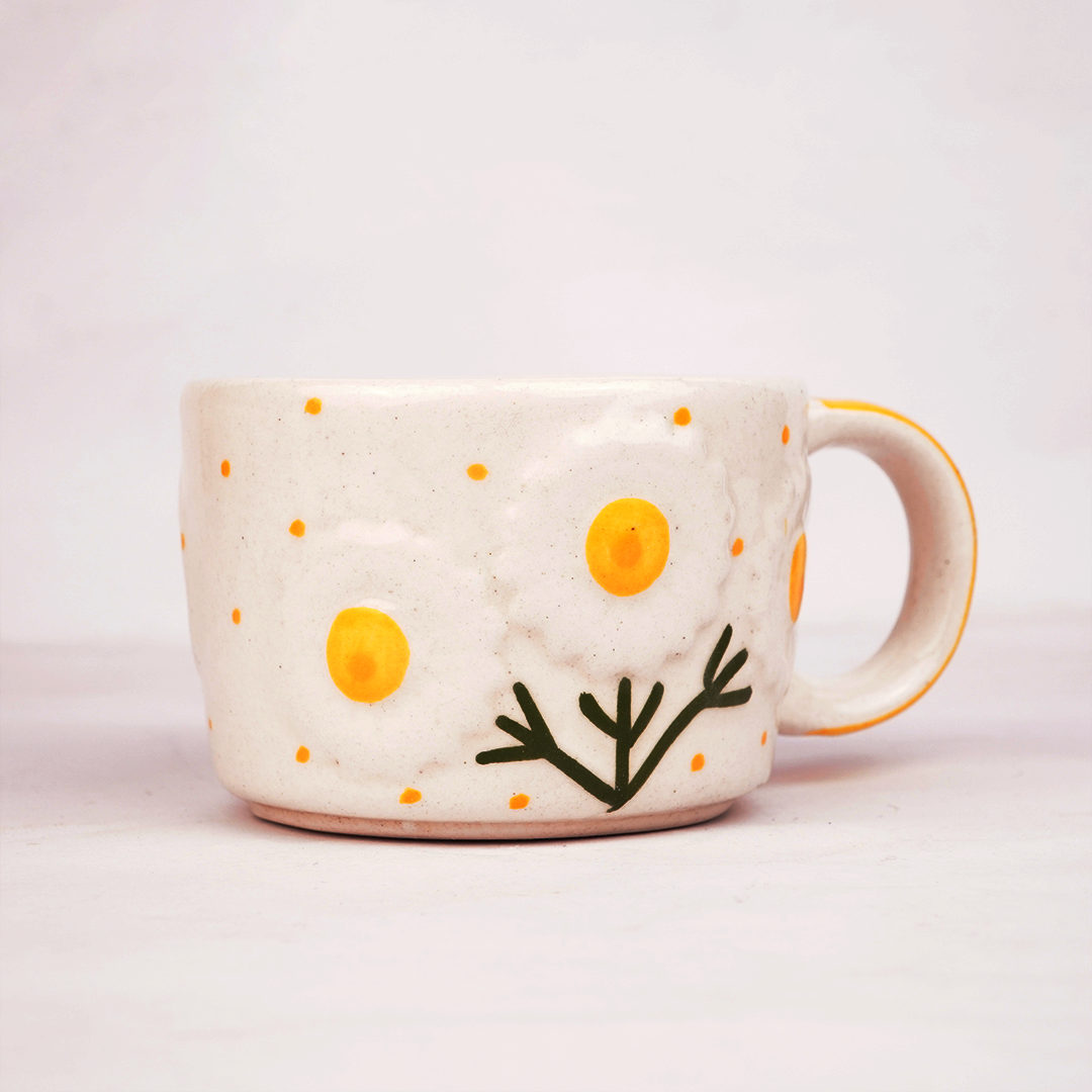 White Ceramic Orange Mug – Hand-Painted Citrus & Sun Design Coffee Cup