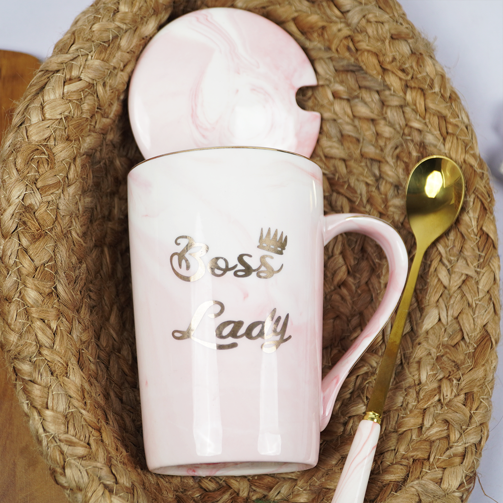 Boss Lady Ceramic Coffee Mug with Lid & Spoon | Pink Marble Design | Stylish Tea & Coffee Mug for Office & Home | Gift for Women