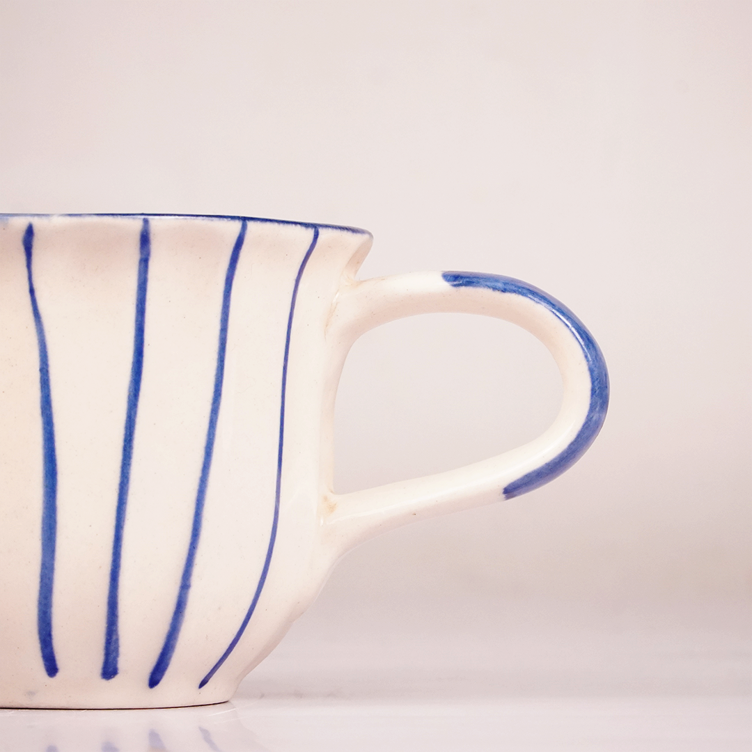 White Ceramic Tea Cup & Saucer Set – Blue Hand-Painted Striped Coffee Cup