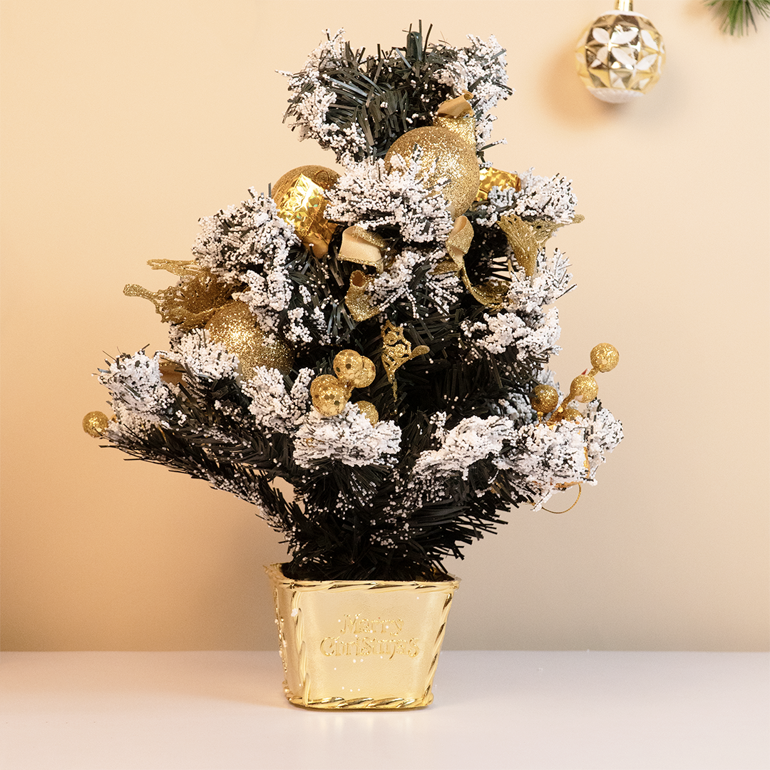 Snow-Frosted Mini Christmas Tree with Golden Decorations ( Random colors)