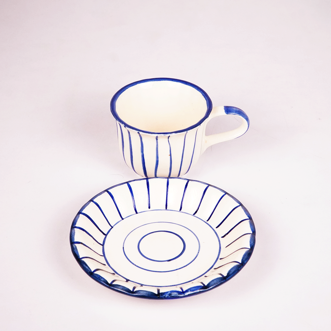 White Ceramic Tea Cup & Saucer Set – Blue Hand-Painted Striped Coffee Cup