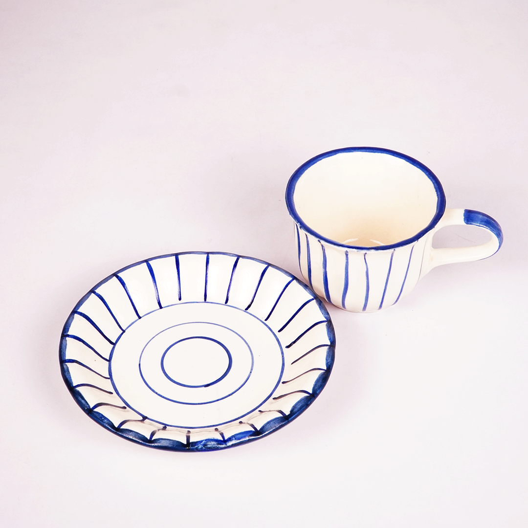 White Ceramic Tea Cup & Saucer Set – Blue Hand-Painted Striped Coffee Cup