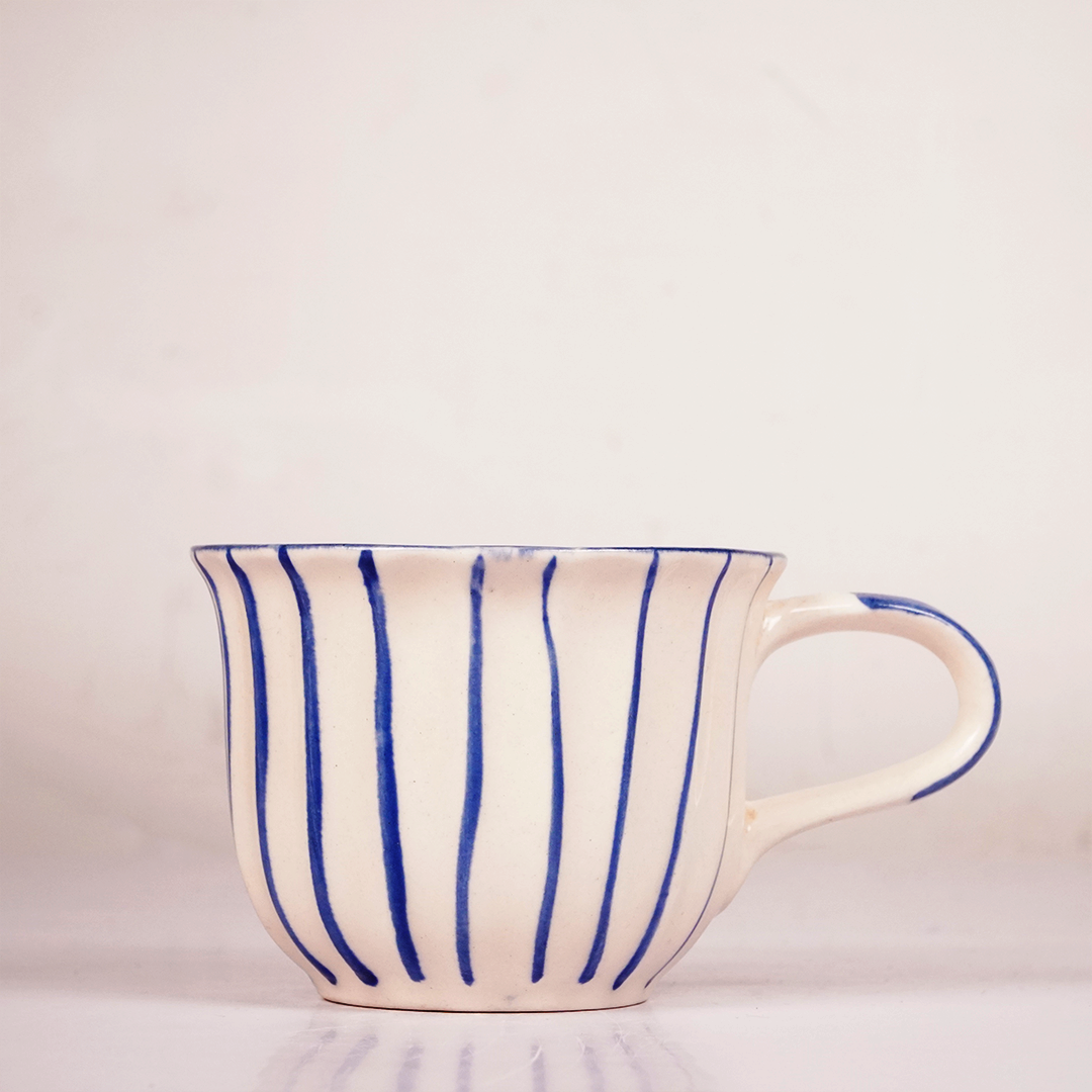 White Ceramic Tea Cup & Saucer Set – Blue Hand-Painted Striped Coffee Cup