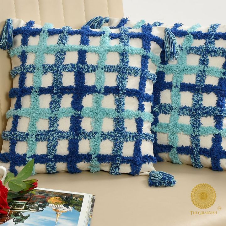 Blue & Teal Checkered Boho Cushion Cover Set – Tufted Textured Decorative Throw Pillows Cover Set with Tassels for Sofa, Living Room & Bedroom (Pack of 2)