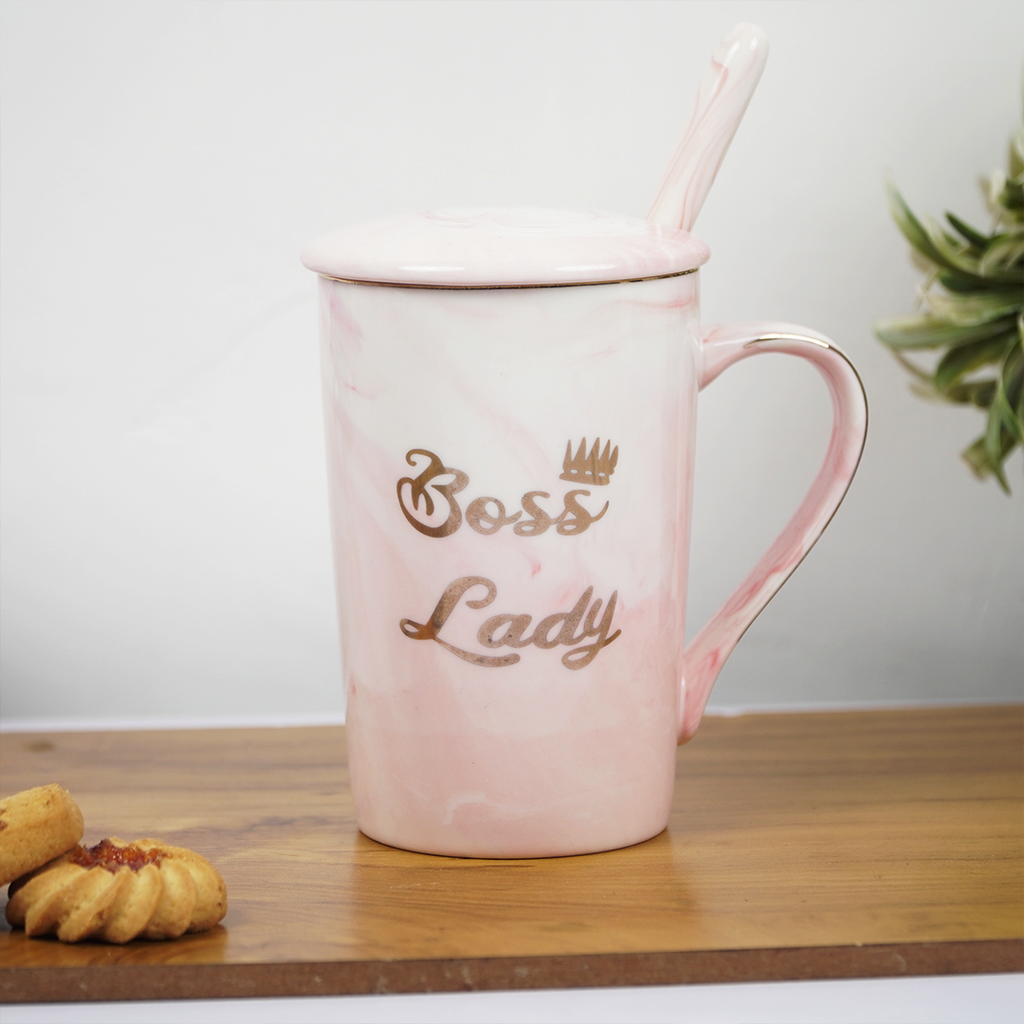 Boss Lady Ceramic Coffee Mug with Lid & Spoon | Pink Marble Design | Stylish Tea & Coffee Mug for Office & Home | Gift for Women