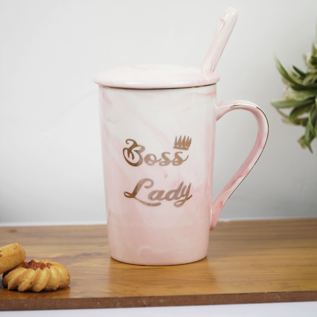 Boss Lady Ceramic Coffee Mug with Lid & Spoon | Pink Marble Design | Stylish Tea & Coffee Mug for Office & Home | Gift for Women